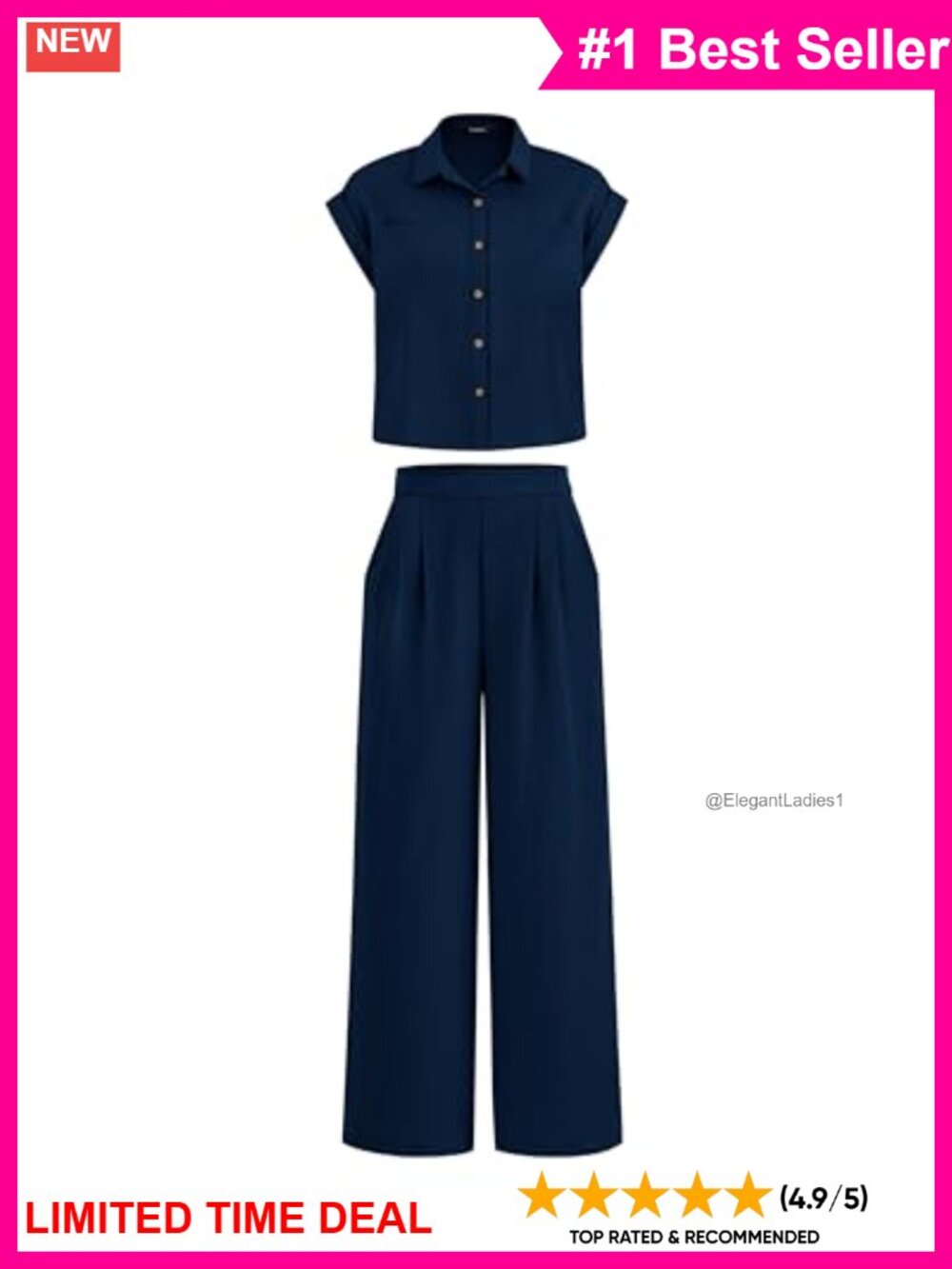 Women's 2 Piece Outfit Cap Sleeve Button Down Crop Top Wide Leg Pants Set